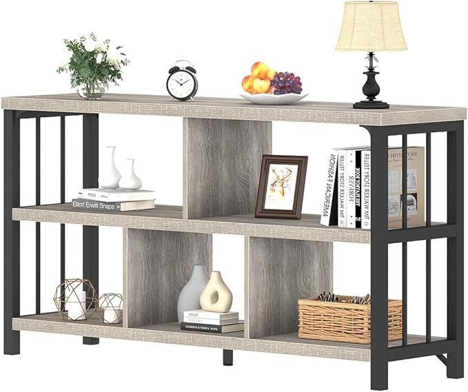 IBF Industrial Horizontal Bookshelf, Modern 5 Cube Storage Organizer Open Shelf, Low Wide Cubby Bookcase for Home Office Living, Wooden Metal Short Book Shelf Bedroom Storage, Light Grey Oak, 47 Inch