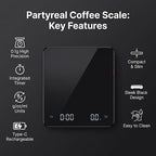 Partyreal Digital Kitchen Coffee Scale, Slim Scale with Tare, g/oz/ml Units, Backlit Display, USB-C Rechargeable (Cable Included) + AAA Backup Power Black