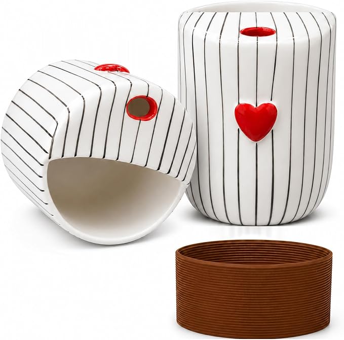 Ceramic Coffee Mug with Sip Hole, 12oz Striped Coffee Cup with Heart Accent, Cute Aesthetic Mug for Espresso Latte Cappuccino, Handmade Glazed Cup for Home Office Gift Use, Black