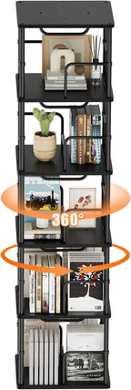 5 Tier Square Rotating Bookshelf, 360 ° Display Stackable Spinning Bookshelf Tower, Space Saving Tall Floor Standing Swivel Bookcase Corner Storage Organizer for Bedroom, Living Room, Black