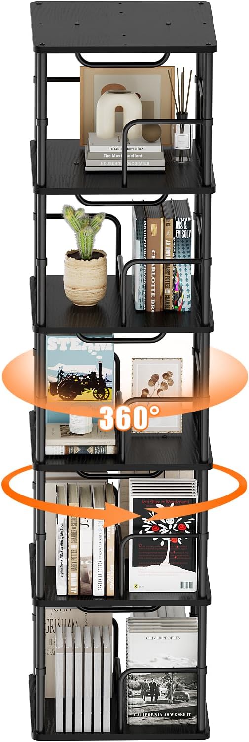 5 Tier Square Rotating Bookshelf, 360 ° Display Stackable Spinning Bookshelf Tower, Space Saving Tall Floor Standing Swivel Bookcase Corner Storage Organizer for Bedroom, Living Room, Black