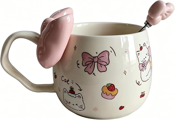 DTIUYIOP-Kawaii White Cute Cat Ceramic Coffee Mug with 3D Pink Bow & Bow Spoon, Curved Large Handle Kitty Tea Cup, Cute Aesthetic Gift for Girls Women Cat Lovers Birthday Christmas