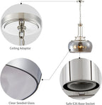 WUZUPS Nickel Chandelier Rustic Farmhouse Industrial Round Ceiling Pendant LED Light Fixture Electroplated Gray Glass Shade for Dining Room Kitchen Island Foyer Entryway, H 20.9" W 15.9", E26 Base