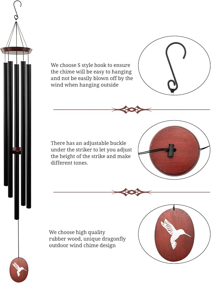 60" Wind Chimes Outdoor, WindChimes Large Wind Chimes for Outside Deep Tone with 5 Tuned Tubes and S Hook, Wind Chime Outdoor Decoration for Patio, Garden, Yard (Hummingbird)