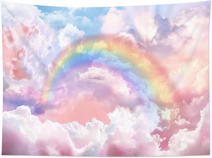 HVEST Rainbow Cloud Tapestry Wall Hanging, Rainbow and Pink Cloud with Glow Sunshine in Pastel Sky Tapestry, Aesthetic Nature Landscape Tapestry for Living Room Bedroom Aesthetic Decor, 36L x 48W Inches