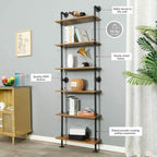 6-Tier Industrial Pipe Shelves Shelf Shelving Rustic Wood Metal Wrought Iron Ladder Bookcase Bookshelf Wall Mounted Mount DIY Loft Vintage Floating Hanging Storage Display (23.6x9.8x78.7”)
