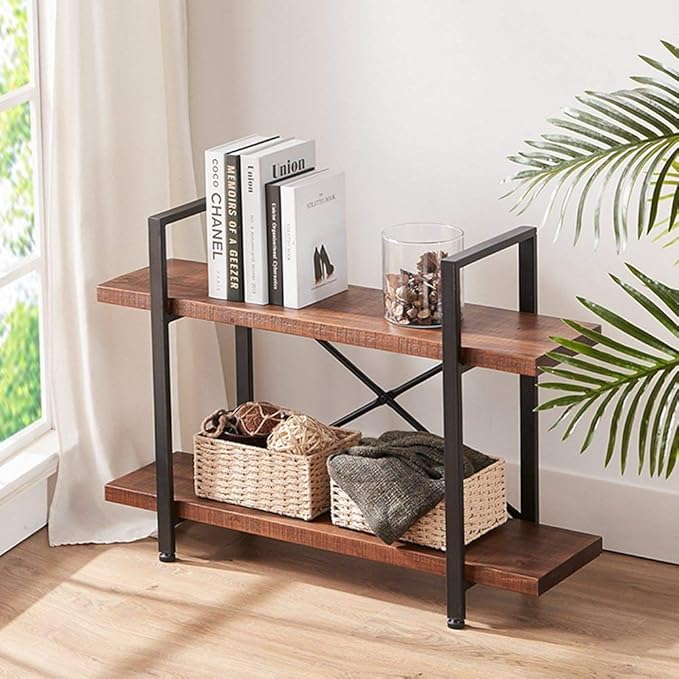 HSH Natural Real Wood Bookshelf, 2 Tier Small Rustic Vintage Industrial Etagere Bookcase, Low Open Metal Farmhouse Solid Wooden Book Shelf, 2 Shelf Bookcase for Living Room Bedroom, Distressed Brown