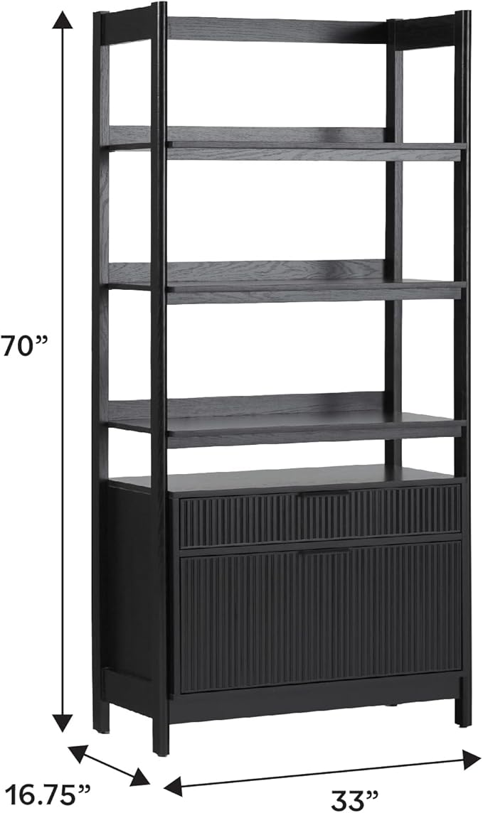 Walker Edison Modern Reeded 4-Shelf Bookshelf Bottom, 33 Inch, Two-Drawer Black