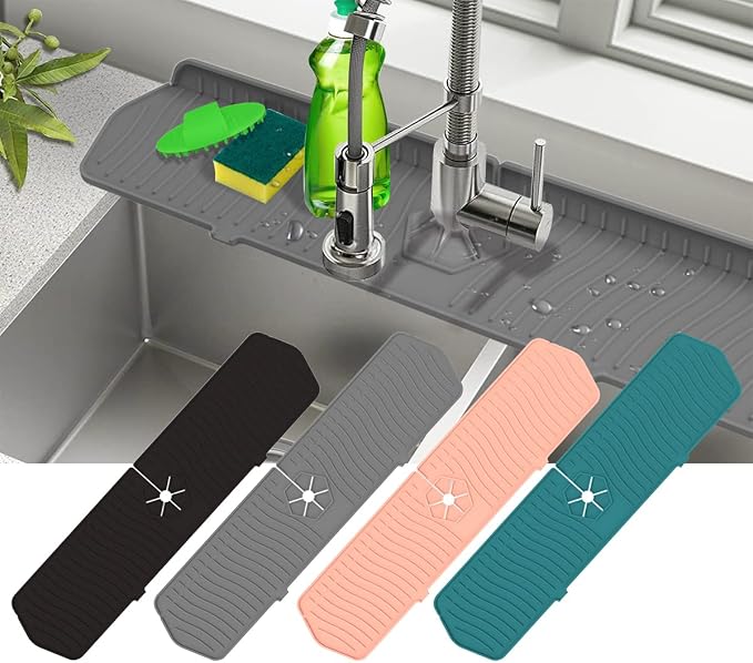 Kitchen Faucet Sink Splash Guard, 24" x 5.6'' Upgrade Silicone Faucet Water Catcher Mat, Sink Draining Pad Behind Faucet, Rubber Drying Mat for Countertop, Bathroom, Farmhouse, RV (Black)