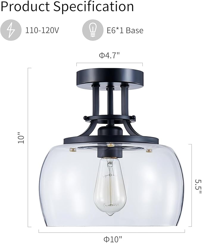 WUZUPS Chandelier Rustic Farmhouse Industrial Round Semi-flushmount Ceiling LED Light Fixture with Clear Glass Shades for Bathroom Kitchen Foyer Entryway, H 10" x W 10", E26 Base, Black