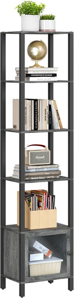 TUTOTAK 6 Tier Bookcase and Bookshelf, Narrow Book shelf with Door for Small Space, for Living Room, Office, Study, Entryway, Charcoal Grey BS03BY006