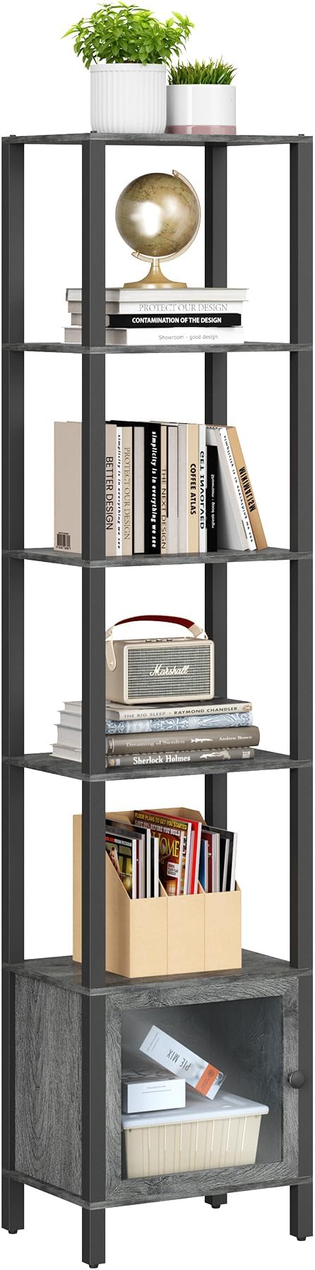 TUTOTAK 6 Tier Bookcase and Bookshelf, Narrow Book shelf with Door for Small Space, for Living Room, Office, Study, Entryway, Charcoal Grey BS03BY006