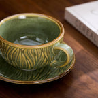 Coffeezone Vintage Design 12 oz Ceramic Latte Art Cappuccino Barista Cup with Saucer (Wave Green)