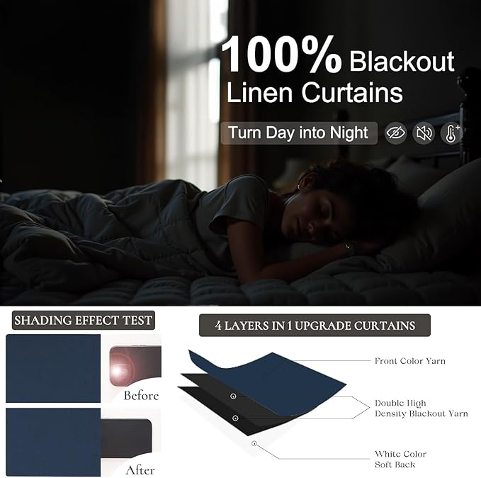Navy Blue Curtains 102 Inches Long for Livingroom 2 Panels 100% Blackout Back Tab Pocket Cooling Sun Heat Light Blocking Linen Curtains for Bedroom Dining Room 8.5 FT Dark Blue Black Out Drapes Winter