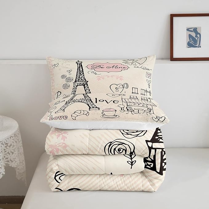 Feelyou Eiffel Tower Comforter Set Paris Tower Comforter for Girls Romantic Rose Chic Paris Bedding Set Paris Cityscape Printed Heart Love Duvet Set Room Decor Quilt King Boys