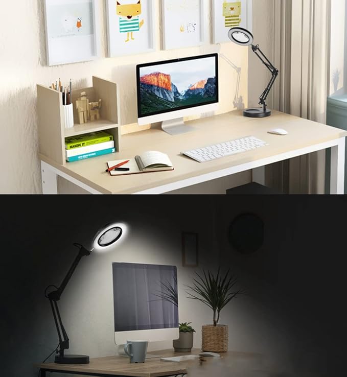 Meichoon LED Desk Lamp with Round Base 5X Magnifying Glass Foldable Arm Eye-Caring USB Table Light 3 Color Modes 10 Brightness Levels for Home Office Reading Makeup Crafts Repair UC38 Black