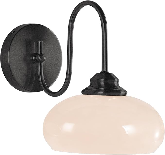 Modern Matte Black Wall Sconce Farmhouse 7.9" Milk White Glass Globe Wall Lamp for Industrial Style Hard-Wired Semi Flush Mount Wall Light Fixture for Stairway, Hallway, Bedroom