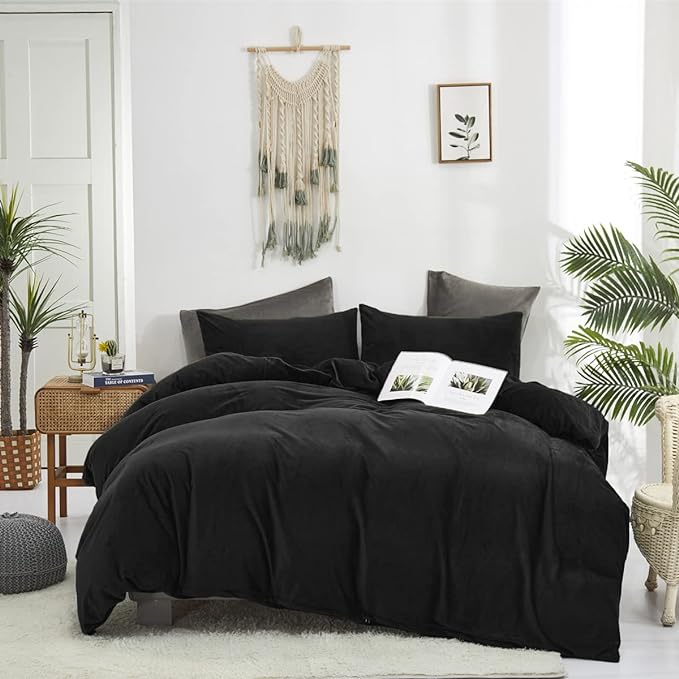 Wellboo Black Velvet Comforter Sets California King Solid Black Fluffy Bedding Comforters Cal King Solid Color Flannel Quilt Women Men Plain Black Comforters Micromink Sherpa Fuzzy Warm Bed Plush