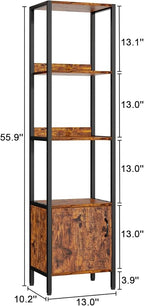 Furologee 5-Tier Bookshelf, Narrow Shelf with Storage Cabinet for Bedroom, Metal and Wood Shelf, Industrial Freestanding Display Tall Shelf for Living Room, Home Office, Bathroom, Rustic Brown