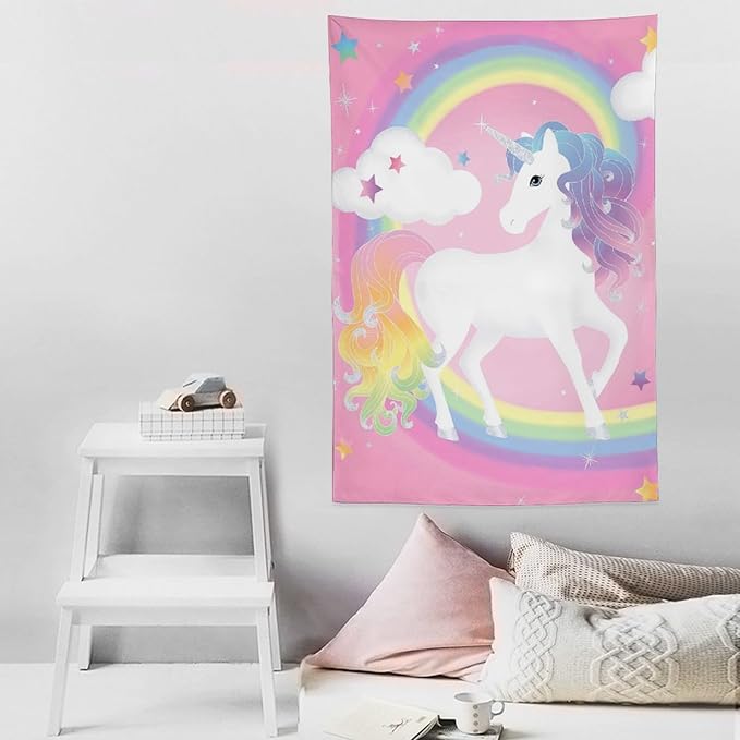 yowecso Unicorn Tapestry Rainbow Wall Hanging for Bedroom, Pink Unicorn Tapestries Aesthetic Wall Decor for Home, Dorm, Living Room - 60"x90"