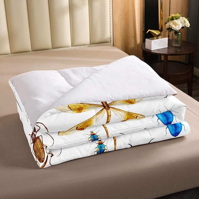 Erosebridal Kids Dragonfly Down Comforter, Ladybug Insect Comforter Set King Size for Children Boys Girls Teens, Reptile Pattern Bedding Comforters Colorful Lightweight Duvet Insert Bed Decorative
