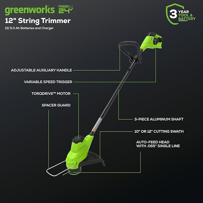 Greenworks 48V (2x24V) Cordless Yard Tool Combo - 21" Self - Propelled Mower, 12" Trimmer, Blower + 24V 500 Lumen Lantern