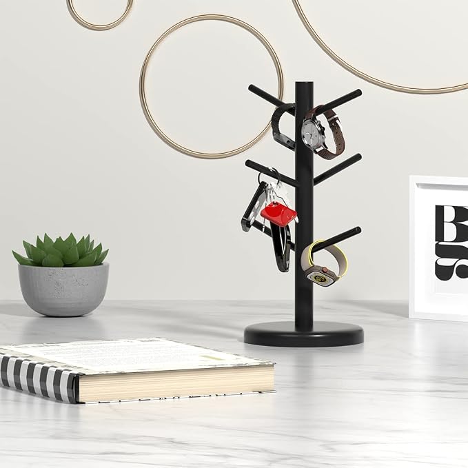 Dorhors Mug Holder Tree,Coffee Cup Holder,Mug Rack Stand Hook,Bar Organizer | Black Wood Coffee Station Accessories 6 Hook,Coffee Shelf Decor for Kitchen Countertop,Counter Storage Display Mug,Cup
