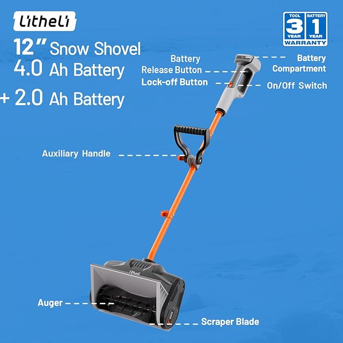 Litheli Cordless Snow Shovel, 20V 12'' Lightweight Electric Snow Blower for Driveway, Battery Powered Snow Thrower, 2.0Ah and 4.0Ah Battery Included