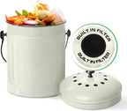 Plexon Countertop Compost Bin Kitchen Indoor with Lid, Off-White 1.5 Gallon Odorless Container, Steel Food Compost Bucket for Kitchen with Charcoal Filter, Compost Pail Countertop