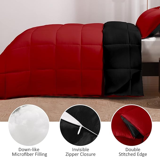 Basic Beyond Queen Comforter Set - Fluffy Comforter Queen Set for All Seasons - Reversible Red and Black Comforter Set Queen for Mens - 3 Pieces (1 Comforter + 2 Pillow Shams)
