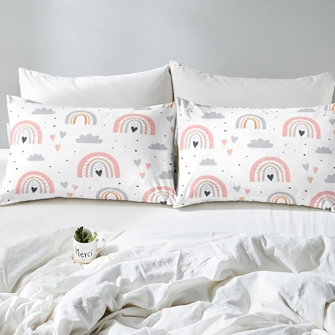 Rainbow King Bedding Sets For Girls, Kawaii Cloud Comforter Set 3 Pieces With 2 Pillow Cases, Pink Love Heart Down Comforter For Kids Boys Women Adult, Hand Drawn Cartoon Rainbow Duvet Insert