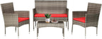 FDW 4 Pieces Outdoor Furniture Set Patio Conversation Set Wicker with Rattan Chair Loveseats Coffee Table for Outdoor Indoor Garden Backyard Porch Poolside Balcony,Gray Wicker/Red Cushions