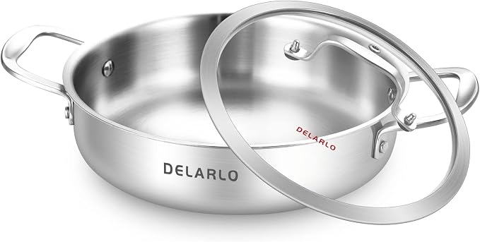 DELARLO Tri-Ply Stainless Steel 10 Inch Frying Pan 3QT Saute Pan With Lid Kitchen Skillets Induction Compatible Chef Cooking Pan Dishwasher & Oven Safe