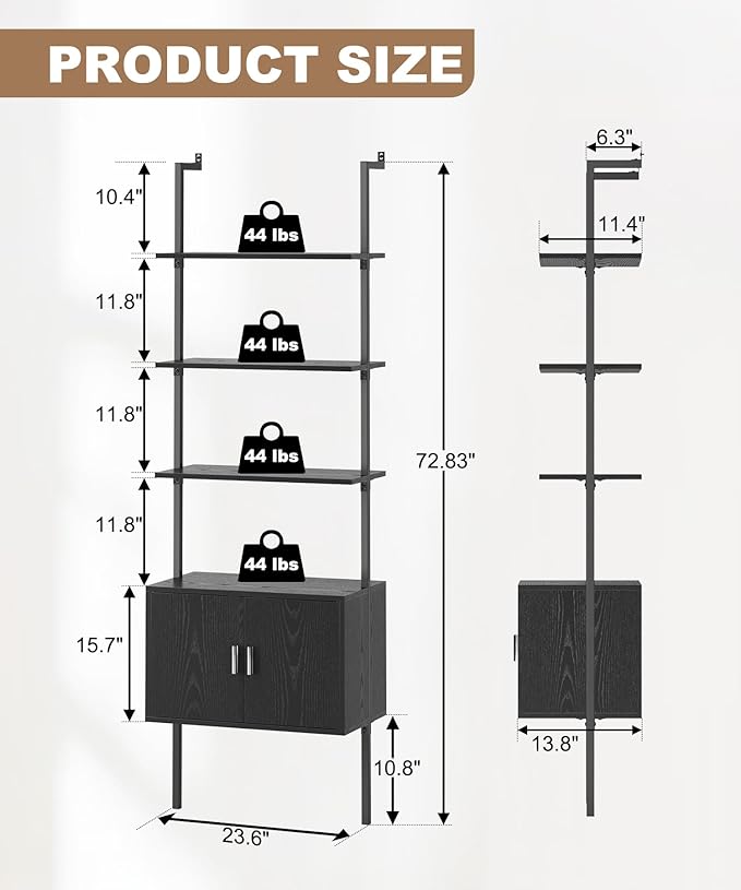 Gadroad Ladder Bookshef with Cabinet, Wall Mounted Bookcases, 5 Tier Tall Open Display Rack, 73" Metal Industrial Bookshelf, Storage Shelves for Livingroom, Home Office, Black