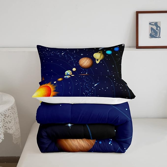 Erosebridal Boys Outer Space Down Comforter, Kids Galaxy Nebula Comforter Set King Size, Starry Sky Cosmos Bedding Set for Children Girls, Solar System Starry Landscape Quilted Duvet, Blue Purple