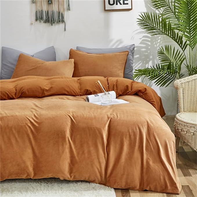 Wellboo Velvet King Size Comforter Set Pumpkin Fluffy Bedding Set for Women Girls Burnt Orange Plush Bedding Comforters Solid Terracotta Flannel Quilt Soft Rust Pumpkin Fuzzy Blanket Sherpa Shaggy Bed