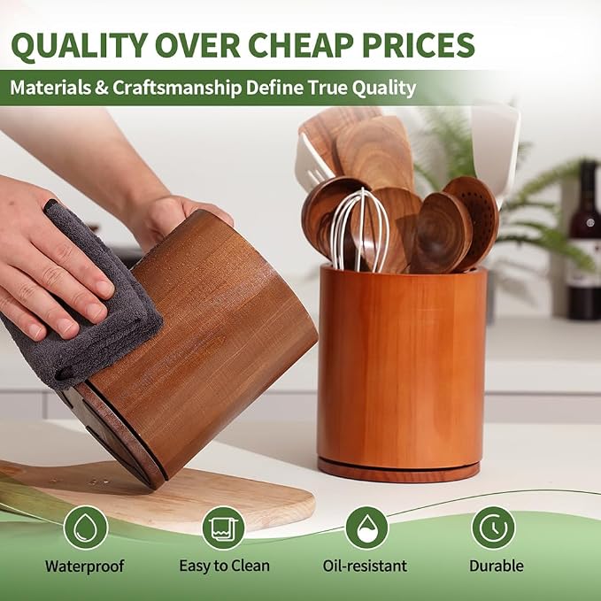 Walnut Utensil Holder, 360° Rotating 7.3 in Kitchen Organizer | Rustic farmhouse countertop decor. 360° rotating base holds spatulas, ladles, tongs, and cooking tools. Rich walnut finish