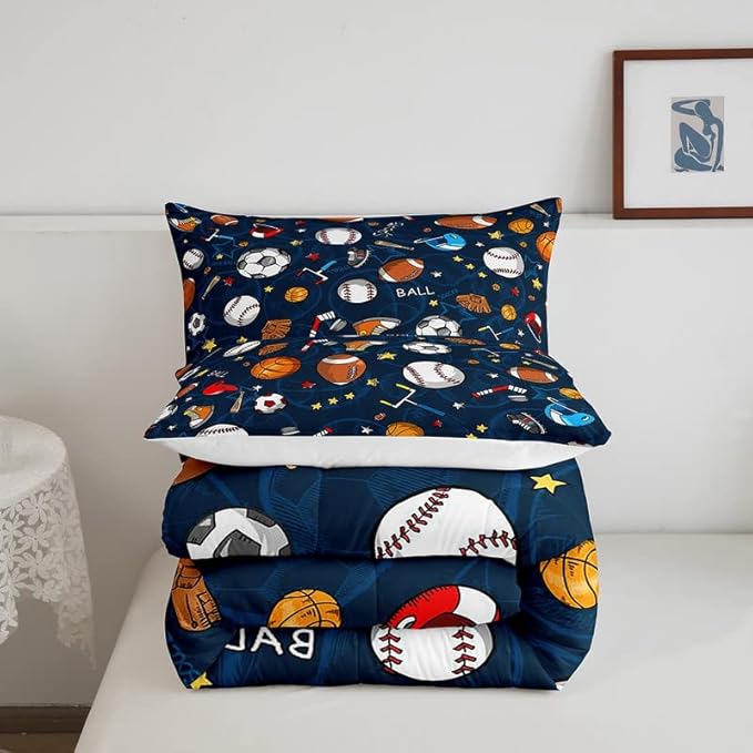 Feelyou Sports Theme Comforter Set 3D Blue Ball Bedding Set Baseball Football Basketball Comforter for Children Kids Boys Girls Microfiber Competitive Games Duvet Set Room Decor Quilt Set Queen Size