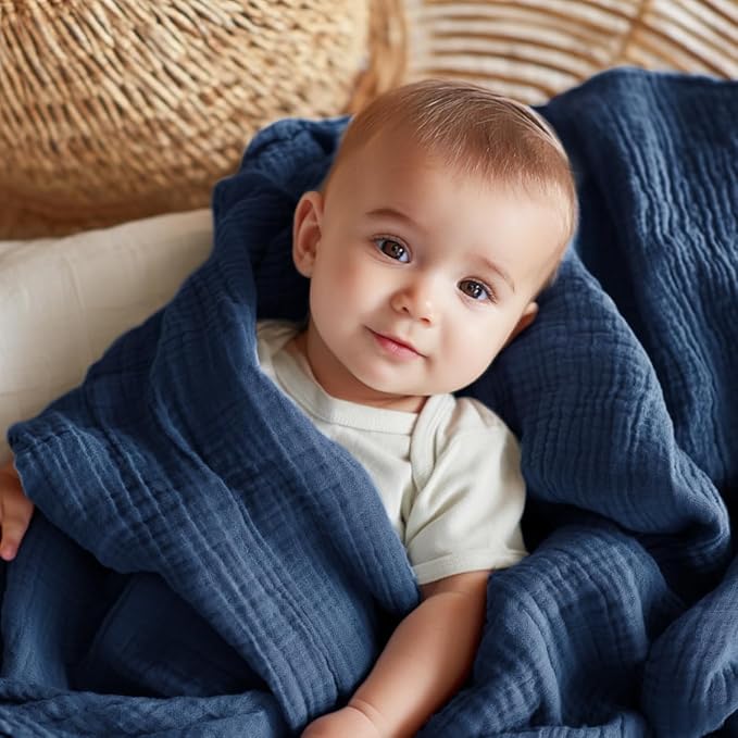EMME Muslin Baby Blankets 100% Cotton 4-Layer Swaddle 40"x50" Lightweight Soft Breathable for Toddler, Infant, Newborn All Season Gauze Blanket, Navy Blue