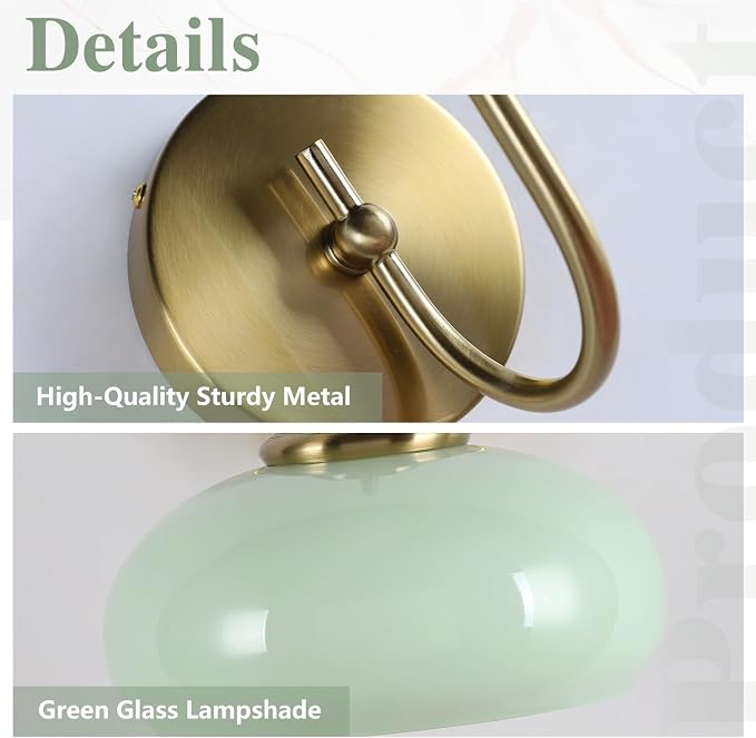 Mid Century Wall Sconce Green Glass Globe Wall Lamp for Dining Room Modern Gold Semi Flush Mount Hard-Wired Wall Light Fixture for Hallway, Kitchen, Indoor Use