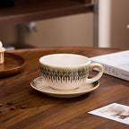 Coffeezone Vintage Design 12 oz Ceramic Latte Art Cappuccino Barista Cup with Saucer (Embossed Vintage)