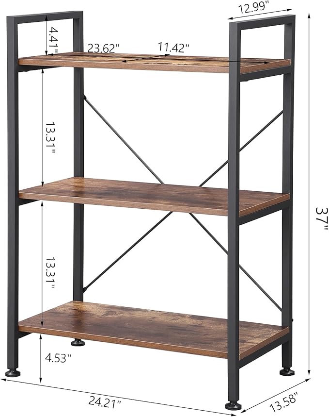 BEWISHOME 3 Tier Bookshelf, Rustic Small Book Shelf for Small Spaces, Brown Wooden Shelves for Bedroom Living Room and Home Office, 13.58" D x 24.21" W x 37" H, JCJ32Z