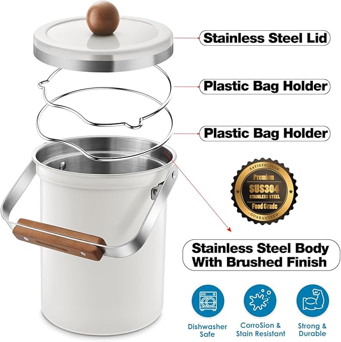 Kitchen Countertop Compost Bin 101ounces / 3Liters, Airtight Lid SUS304 Stainless Steel Odor-Free Food Waste Bin with Wooden Handle Stylish Design/Bathroom Trash Can (White)