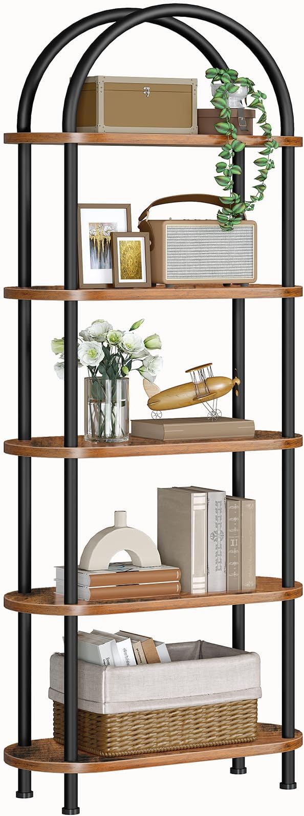 HOOBRO 5 Tier Open Bookshelf, Industrial Arched Bookcase Display Shelf Racks, Wooden Bookcase Storage Shelves Metal Frame, Tall Storage Organizer for Home, Easy Assembly, Rustic Brown BF176SJ01