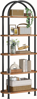 HOOBRO 5 Tier Open Bookshelf, Industrial Arched Bookcase Display Shelf Racks, Wooden Bookcase Storage Shelves Metal Frame, Tall Storage Organizer for Home, Easy Assembly, Rustic Brown BF176SJ01