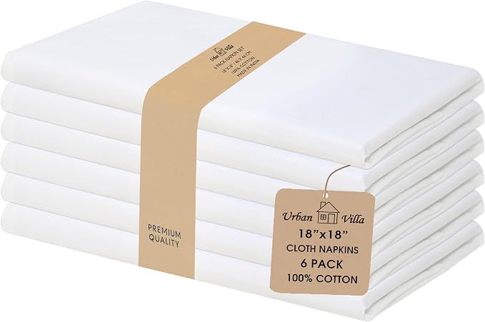 Urban Villa Cloth Napkins White Dinner 100% Cotton 18x18 Inches (Set of 6)