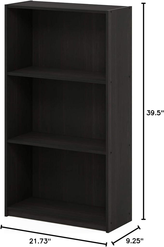 FURINNO Basic 3-Tier Bookcase/Bookshelf/Storage Shelves, Dark Espresso 9.25D x 21.73W x 39.5H in