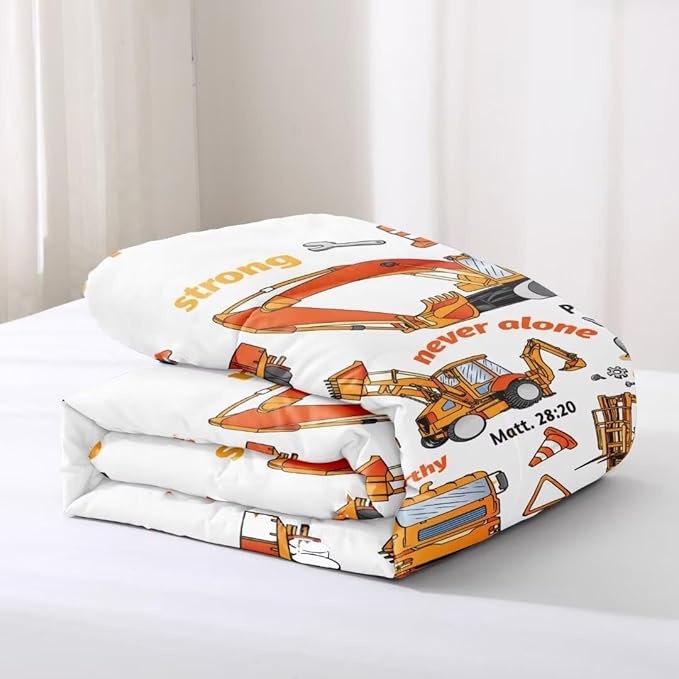 Kids Construction Vehicles Truck Comforter for Boys Twin,Cartoon Car Excavator Tractor Bedding Set,Construction Christian Spirational Quotes Comforter with 2 Pillowcases White