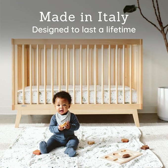 dadada Baby Soho 3-in-1 Convertible Crib to Toddler Bed – Wooden Crib Made in Italy, GREENGUARD Gold Certified Small Baby Crib – Baby-Safe Finish, Modern Design (Natural)