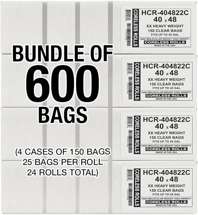 Aluf Plastics High Density Trash Bags, 45 Gallon, 600 Count, 22 Micron (eq), 40" x 48", Clear, for Bathroom, Office, Industrial, Commercial, Janitorial, Municipal, Recycling